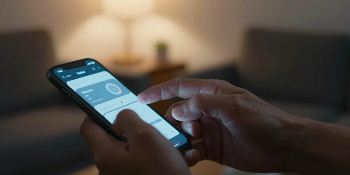 Las mismas pantallas que agotan ahora incluyen frenos de emergencia para reconducir tu atención 1 Manos sosteniendo un smartphone con luz azul en habitación tenue, simbolizando el uso compulsivo del móvil