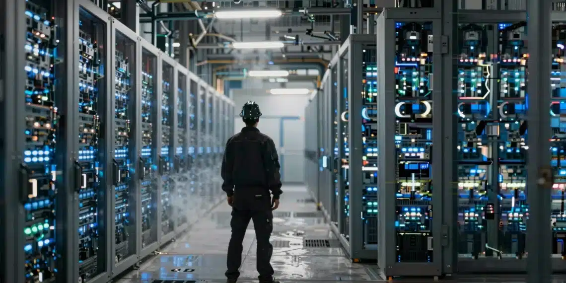 La IA promete transformar el mundo, pero su huella oculta ya está generando alarma entre los expertos 1 Técnico solitario ante hileras de servidores en un centro de datos oscuro con luces LED azules y vapor de refrigeración