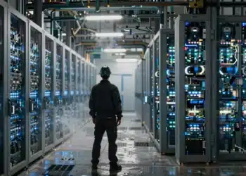 La IA promete transformar el mundo, pero su huella oculta ya está generando alarma entre los expertos 7 Técnico solitario ante hileras de servidores en un centro de datos oscuro con luces LED azules y vapor de refrigeración