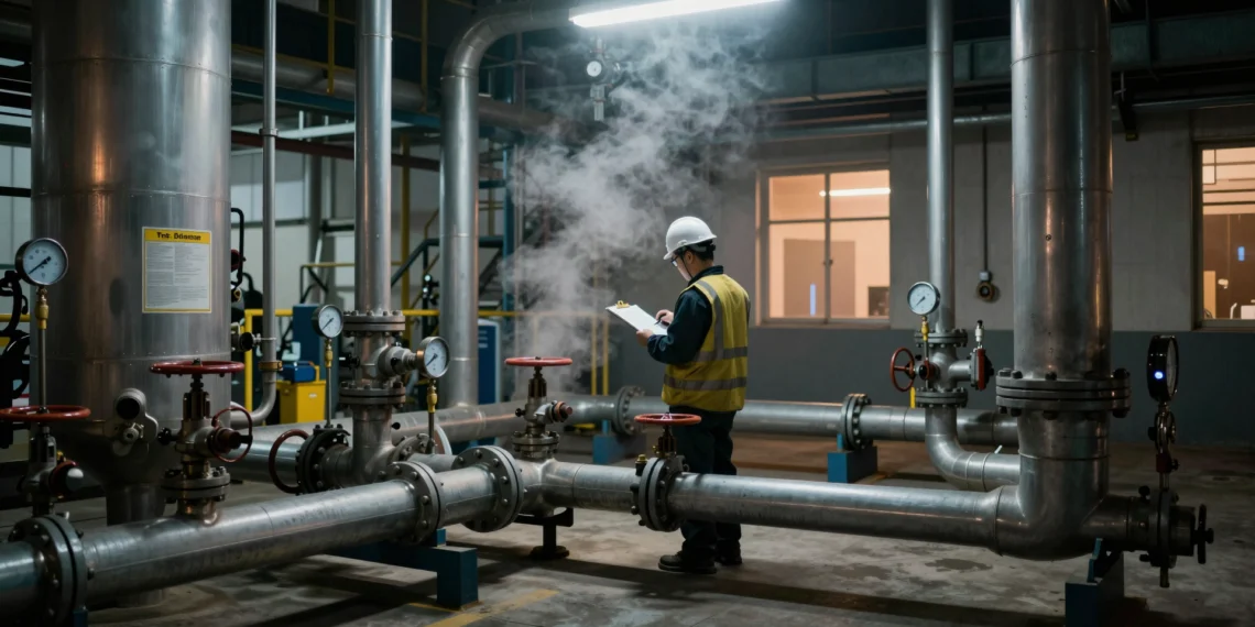 Una definición más amplia de 'proceso' químico empieza a cambiar qué industrias deben rendir cuentas 1 Trabajador con casco blanco inspecciona tuberías y válvulas en instalación industrial química bajo luz de atardecer