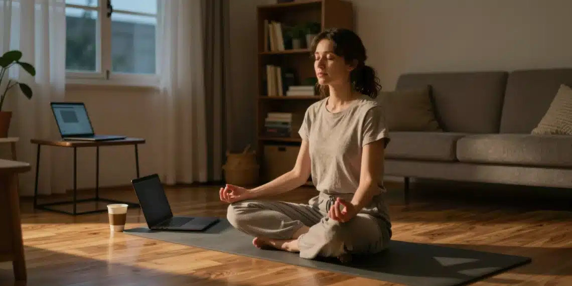 De la India milenaria a la consulta médica: el yoga que hoy prescriben los especialistas para tratar el estrés 1 Mujer practicando yoga y meditación en casa tras una jornada laboral, sentada en postura de loto sobre una esterilla