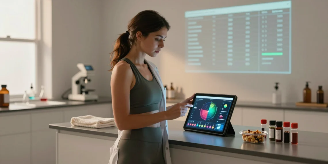 Cientos de personas compiten ahora por demostrar que su cuerpo es más joven de lo que dice su DNI 1 Mujer en laboratorio moderno estudiando datos de edad biológica y relojes epigenéticos en una tableta luminosa