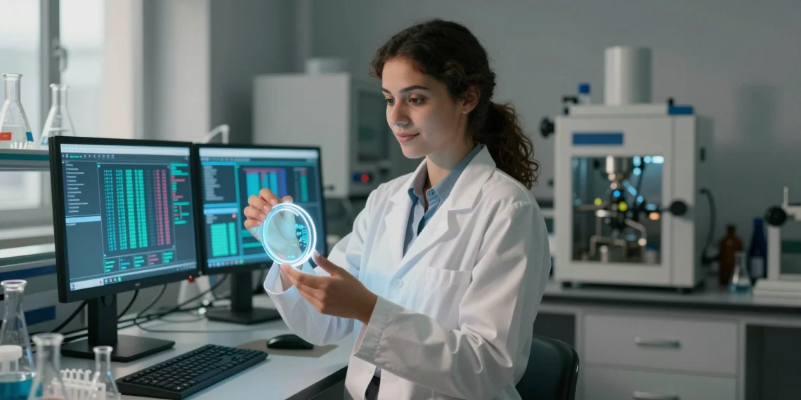 De los laboratorios al PIB: así se ha convertido la biotecnología en una de las carreras con más salidas en España 1 Investigadora española en laboratorio de biotecnología en Barcelona, con placa de Petri azul y datos genómicos.