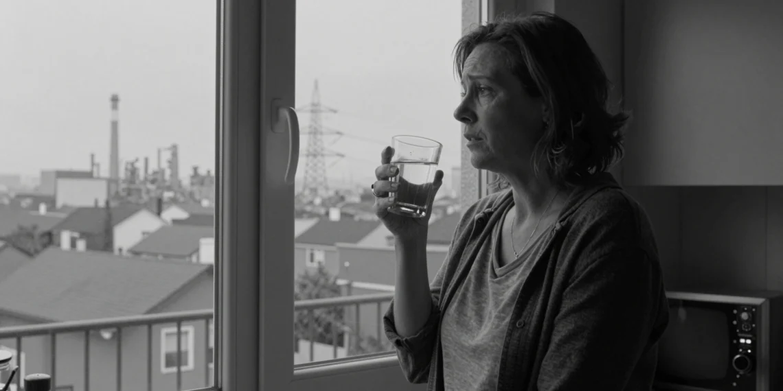 Cuando un barrio entero enferma, la ciencia no siempre puede señalar al culpable 1 Mujer con vaso de agua del grifo mira pensativa la chimenea industrial desde la ventana de su cocina en un barrio humilde