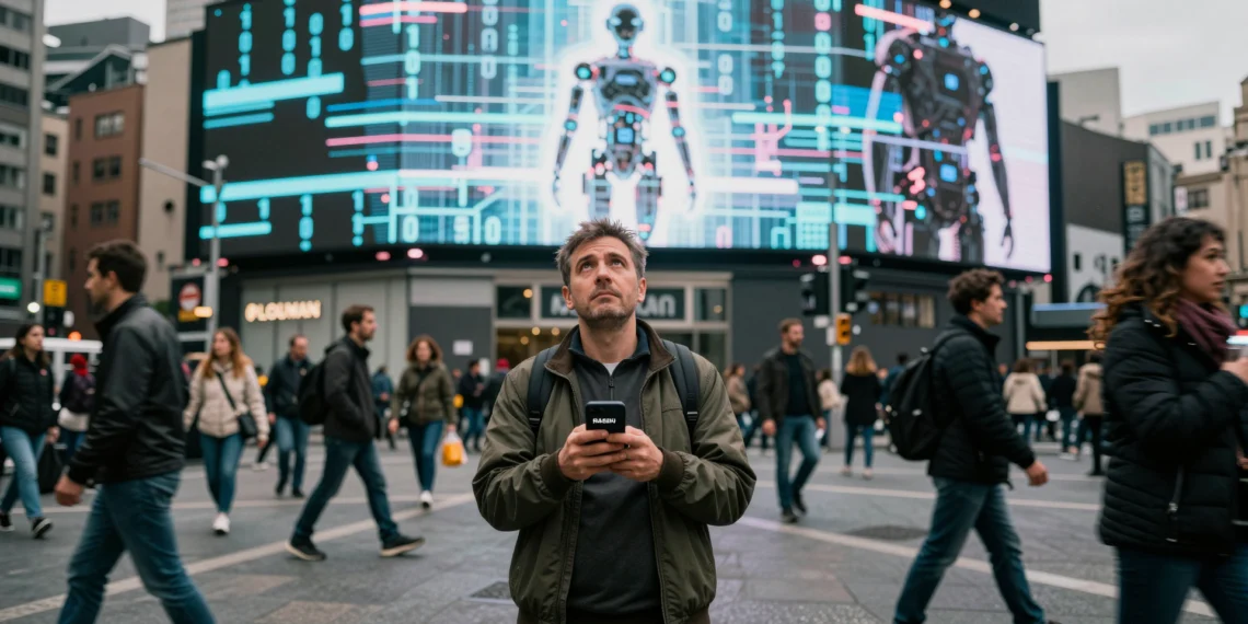 La llegada masiva de agentes de IA está obligando a reescribir las reglas de internet, y los humanos podrían salir perdiendo 1 Hombre con móvil y captcha en una plaza concurrida, con gente borrosa y una valla digital mostrando patrones binarios.