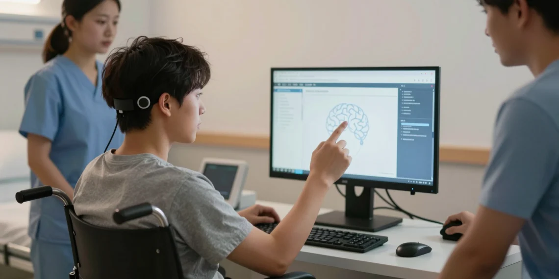 Del laboratorio al aula y a la clínica: la neurociencia que ya está cambiando vidas 1 Persona con discapacidad motora usando una interfaz cerebro-computadora en una clínica, con un fisioterapeuta observando.