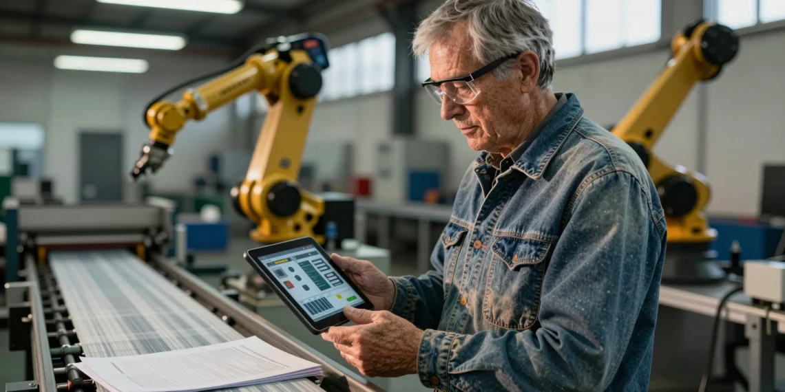 Manufacturers are learning to turn decades of accumulated know-how into a growth engine 1 Operario de fábrica veterano con chaqueta vaquera y gafas de seguridad, sosteniendo una tableta junto a una línea de montaje,