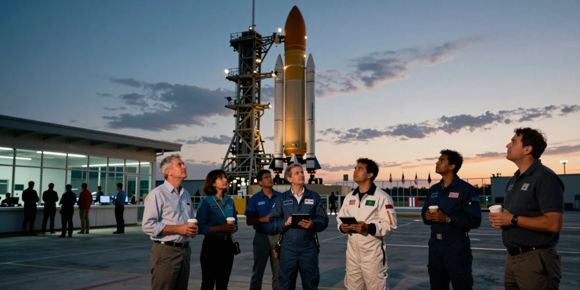 Exploración espacial: de la carrera entre dos potencias a una nueva era de cooperación y ambición privada 1 Ingenieros aeroespaciales internacionales observan un cohete reutilizable en una plataforma de lanzamiento al amanecer