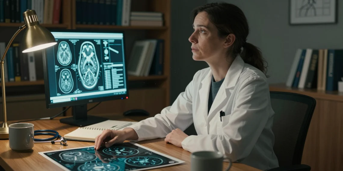 La psicología que no miraba al cerebro: el giro formativo que está cambiando los diagnósticos 1 Psicóloga examina resonancias cerebrales y un monitor fMRI en su consulta.