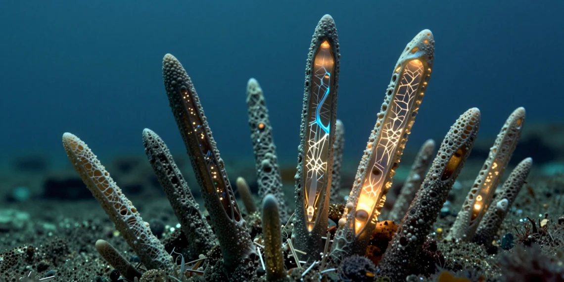 Fossils reveal a creature built its own GPS 97 million years ago, long before satellites existed 1 Fósiles microscópicos con forma de aguja y huso en el fondo del océano Atlántico, con brillo magnético interno azul y ámbar