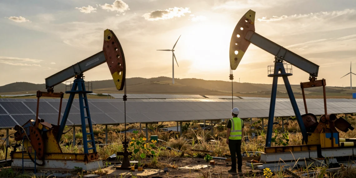 El mundo se aleja del petróleo, y las energías renovables marcan el nuevo rumbo energético 1 Ingeniero observa paneles solares y aerogeneradores al atardecer; bomba petrolera oxidada en primer plano.
