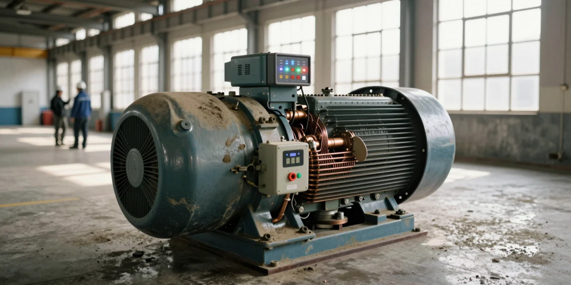 Millones de motores eléctricos esconden la clave para liberar gigavatios de potencia sin construir nuevas centrales 1 Ingeniero con casco junto a un enorme motor eléctrico industrial con un variador de frecuencia en la pared, símbolo de efici