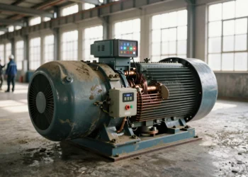 Millones de motores eléctricos esconden la clave para liberar gigavatios de potencia sin construir nuevas centrales 1 Ingeniero con casco junto a un enorme motor eléctrico industrial con un variador de frecuencia en la pared, símbolo de efici