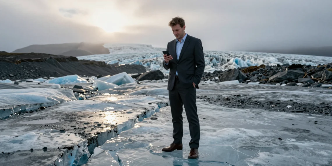 Negar el cambio climático sigue siendo la barrera más eficaz contra cualquier solución 1 Hombre de traje de pie sobre un glaciar derritiéndose en Islandia, absorto en su móvil, ignorando el deshielo y el agua acumu