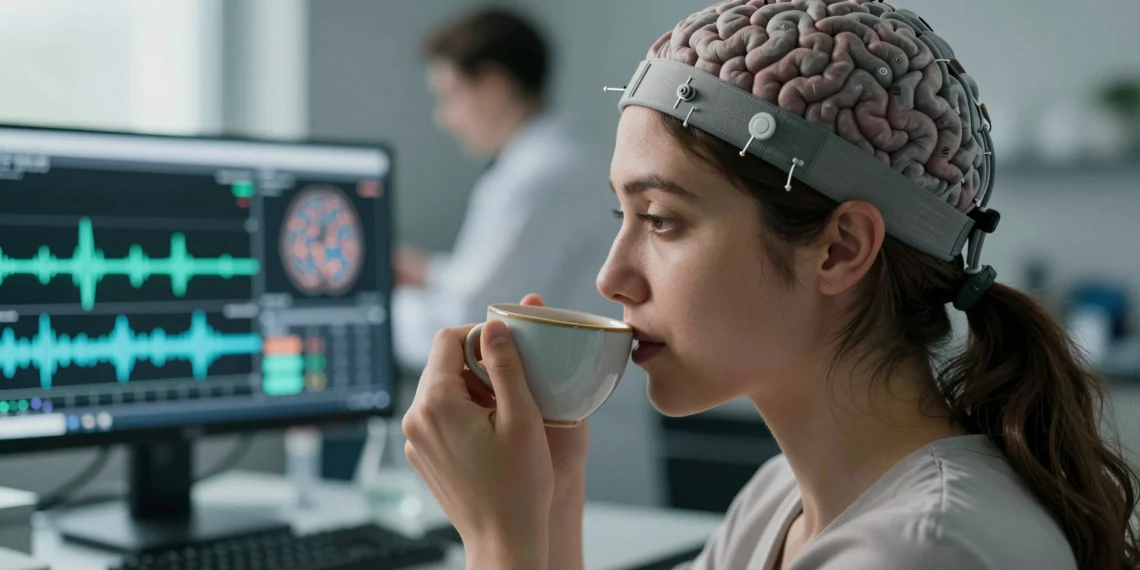 El cerebro descifrado: así se traduce la actividad neuronal en cada decisión, emoción y gesto 1 Mujer con casco de EEG sosteniendo una taza de café en un laboratorio, con gráficos de ondas cerebrales en pantalla.