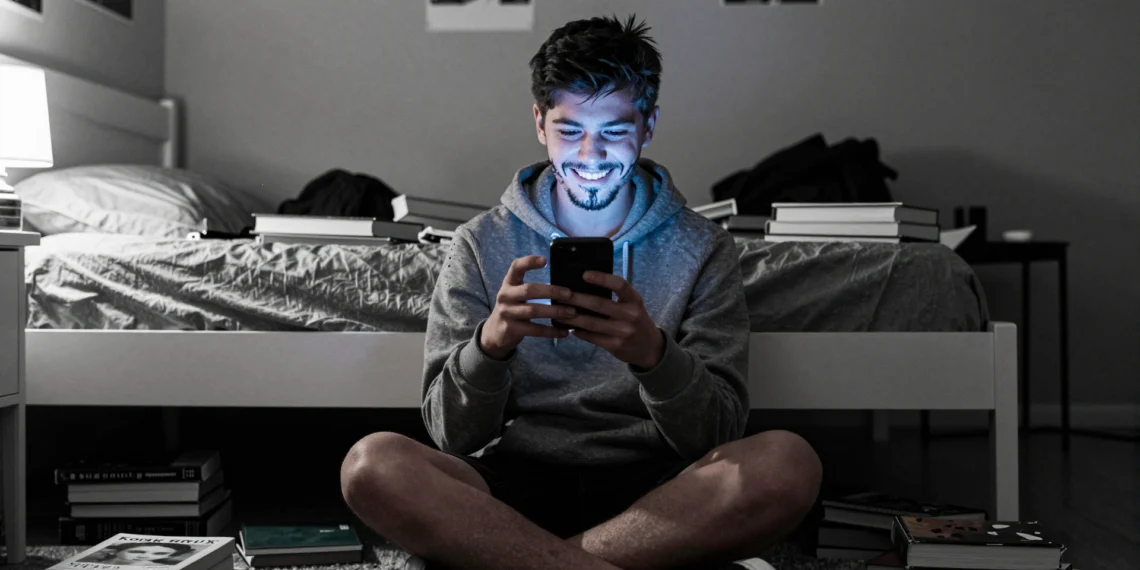 Los niños esquivan las prohibiciones de redes sociales y eso revela el fracaso de las restricciones por edad 1 Adolescente con barba falsa usa el móvil en su habitación, desafiando las restricciones de edad en redes sociales.