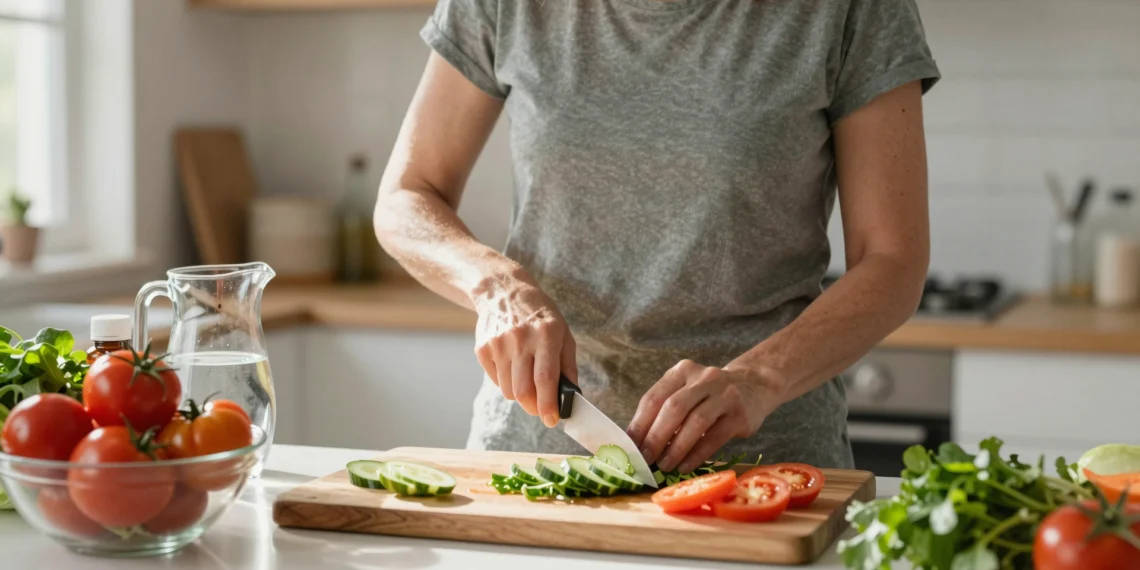 Fortalecer el sistema inmune va mucho más allá de tomar vitaminas: lo que de verdad funciona según los inmunólogos 1 Mujer de 40 años cortando verduras frescas en su cocina, con tomates y hojas verdes, sin vitaminas ni suplementos, luz matut.