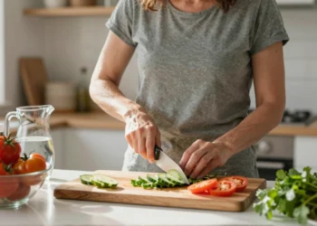 Fortalecer el sistema inmune va mucho más allá de tomar vitaminas: lo que de verdad funciona según los inmunólogos 1 Mujer de 40 años cortando verduras frescas en su cocina, con tomates y hojas verdes, sin vitaminas ni suplementos, luz matut.