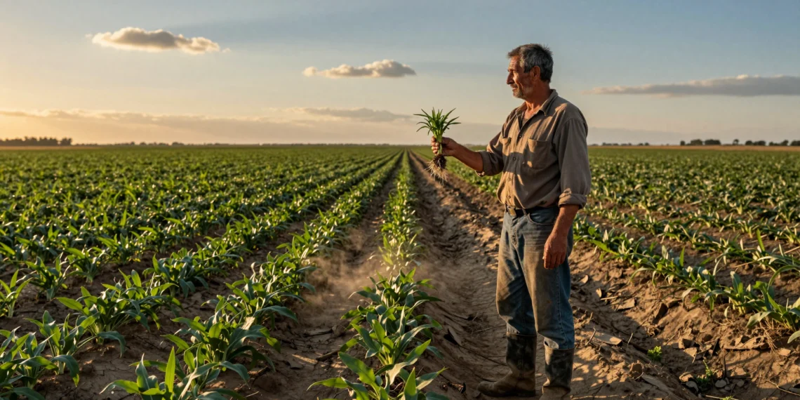Biotecnología verde: la revolución silenciosa que ya está cambiando el campo y tu nevera 1 Agricultor mayor examina plántulas saludables al atardecer frente a extensos cultivos verdes en campo seco