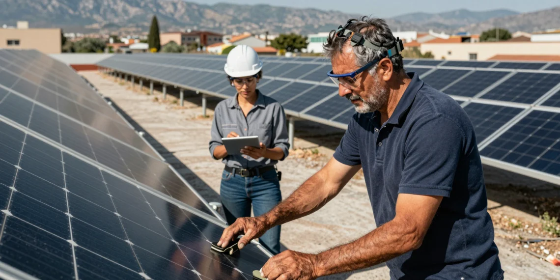 Del Informe Brundtland a los paneles solares: la sostenibilidad ya mueve medio millón de empleos en España 1 Técnico ajusta paneles fotovoltaicos en azotea mientras una ingeniera revisa datos en tableta, con Sierra Nevada al fondo