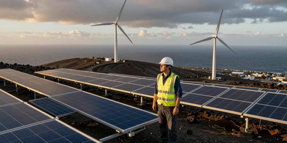 De promesa lejana a motor económico: la silenciosa revolución que está rediseñando el mapa energético 1 Ingeniero de energías renovables con casco y chaleco reflectante inspecciona paneles solares en una ladera volcánica de La Pl