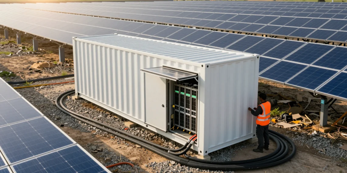 Un centro de datos en un contenedor que se enchufa donde sobra la electricidad solar 1 Contenedor de centro de datos junto a paneles solares en una planta fotovoltaica, con un trabajador revisando los servidores.