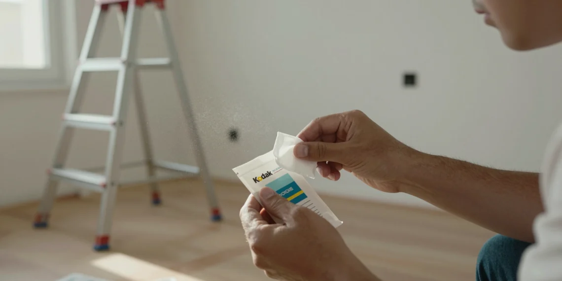 Tras una reforma, el polvo invisible de plomo puede quedarse en casa: así puedes comprobarlo tú mismo 1 Manos abriendo un kit de detección de polvo de plomo en un piso recién reformado, con partículas visibles en el aire