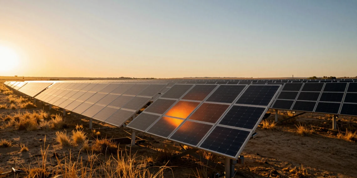 De 297 a 30 euros por megavatio-hora: el desplome silencioso que convirtió a la energía renovable solar en imbatible 1 Extensa granja solar al atardecer en la meseta española, con filas de paneles fotovoltaicos bajo un cielo dorado