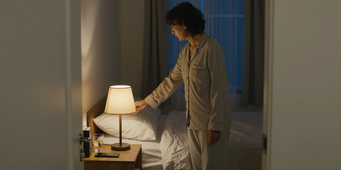 Dormir mejor no empieza en la cama: los hábitos que transforman tu descanso 1 Mujer apagando la lámpara de noche en un dormitorio en penumbra, ritual previo al descanso.