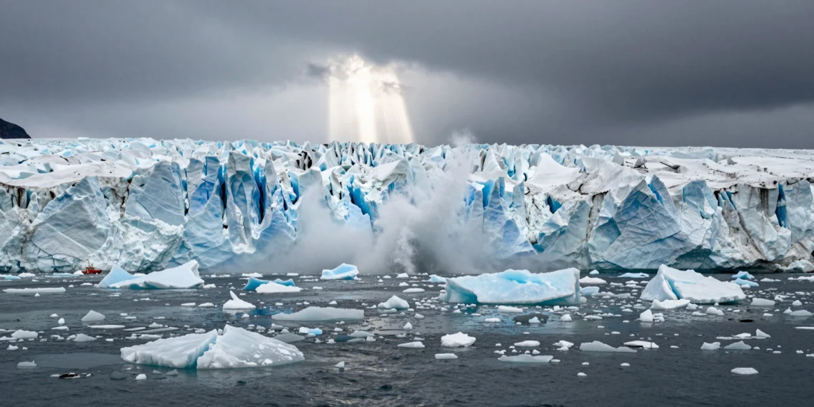 El planeta ya muestra señales inequívocas: océanos más ácidos, hielo que desaparece y un clima extremo que reescribe el mapa humano 1 Gran bloque de hielo de un glaciar ártico cayendo al mar, con barco rojo de investigación, evidencia del cambio climático.