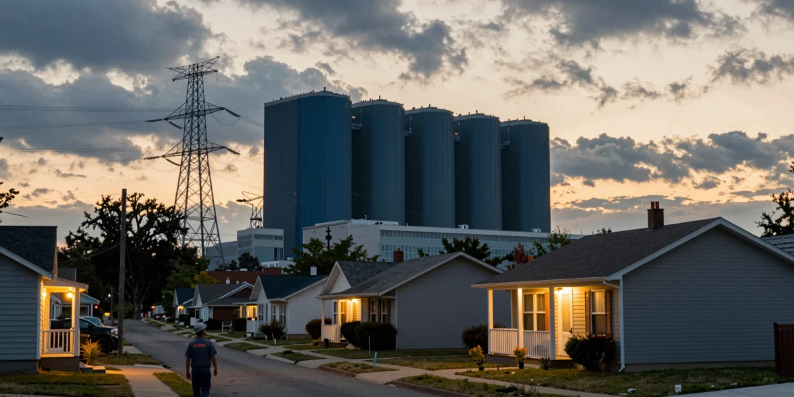 La factura de la luz de millones de familias podría cambiar por una nueva regla en la mayor red eléctrica de EE. UU. 1 Calle residencial estadounidense al atardecer con torres de alta tensión y un centro de datos al fondo, mientras un operario電